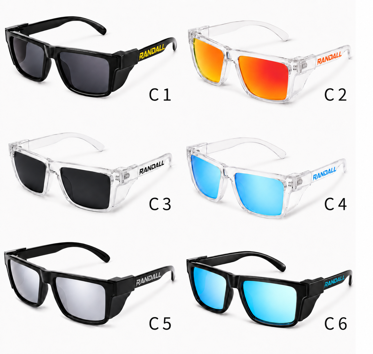 Six RANDALL safety glasses frame and lens color concepts